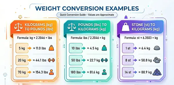 Weight Conversion Examples (kg to lbs, lbs to kg, stone to kg)